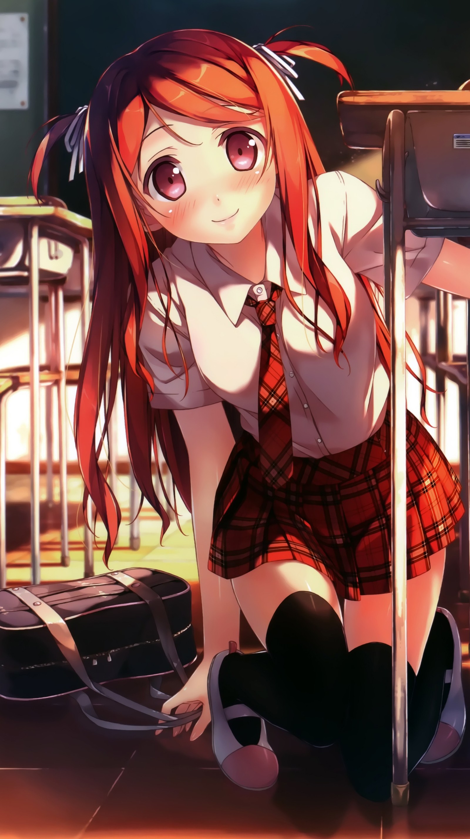 Anime girl in school uniform kneeling on the ground with a laptop (anime, desk, school)