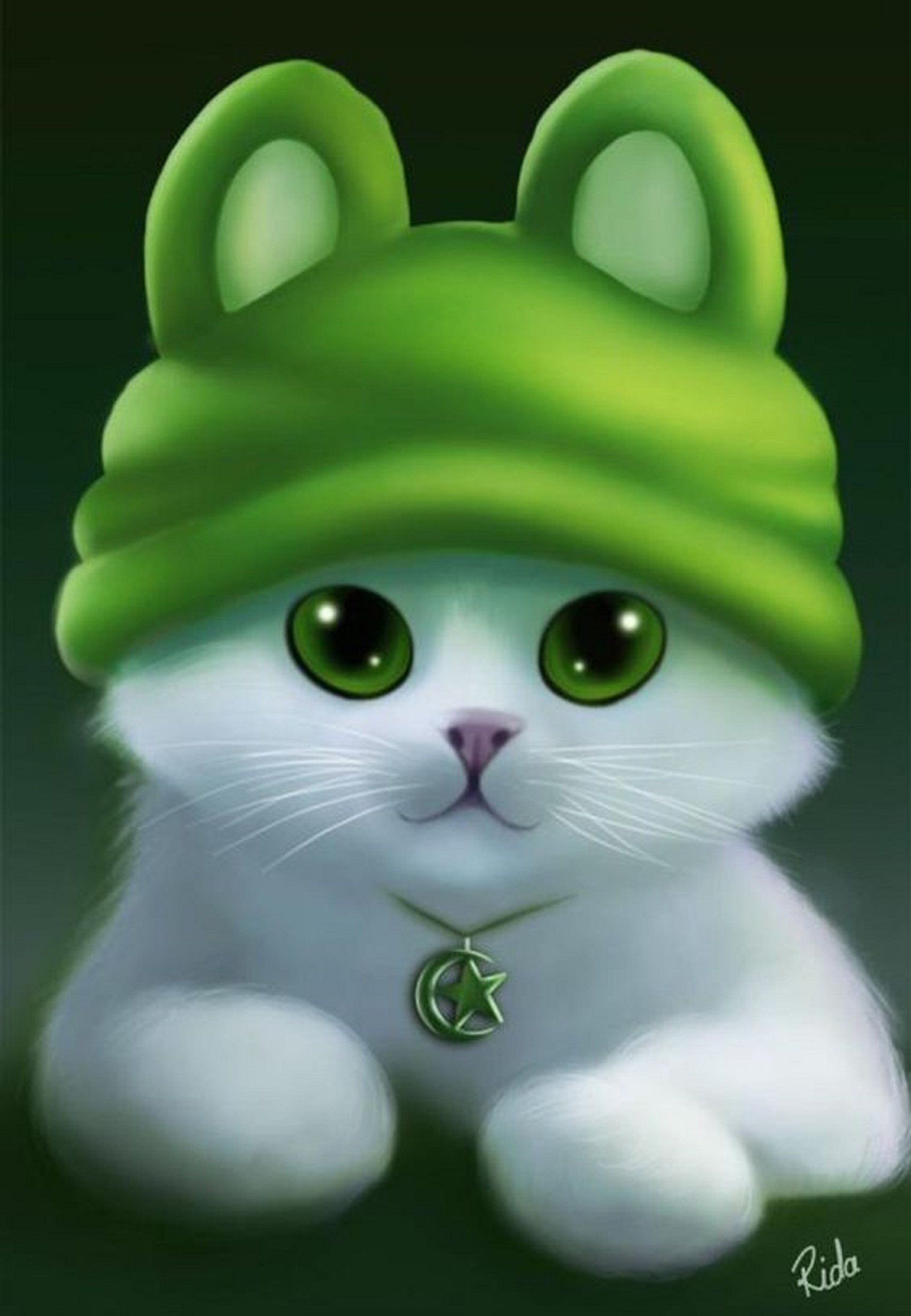 Painting of a white cat wearing a green hat and a green necklace (cat, kitten)