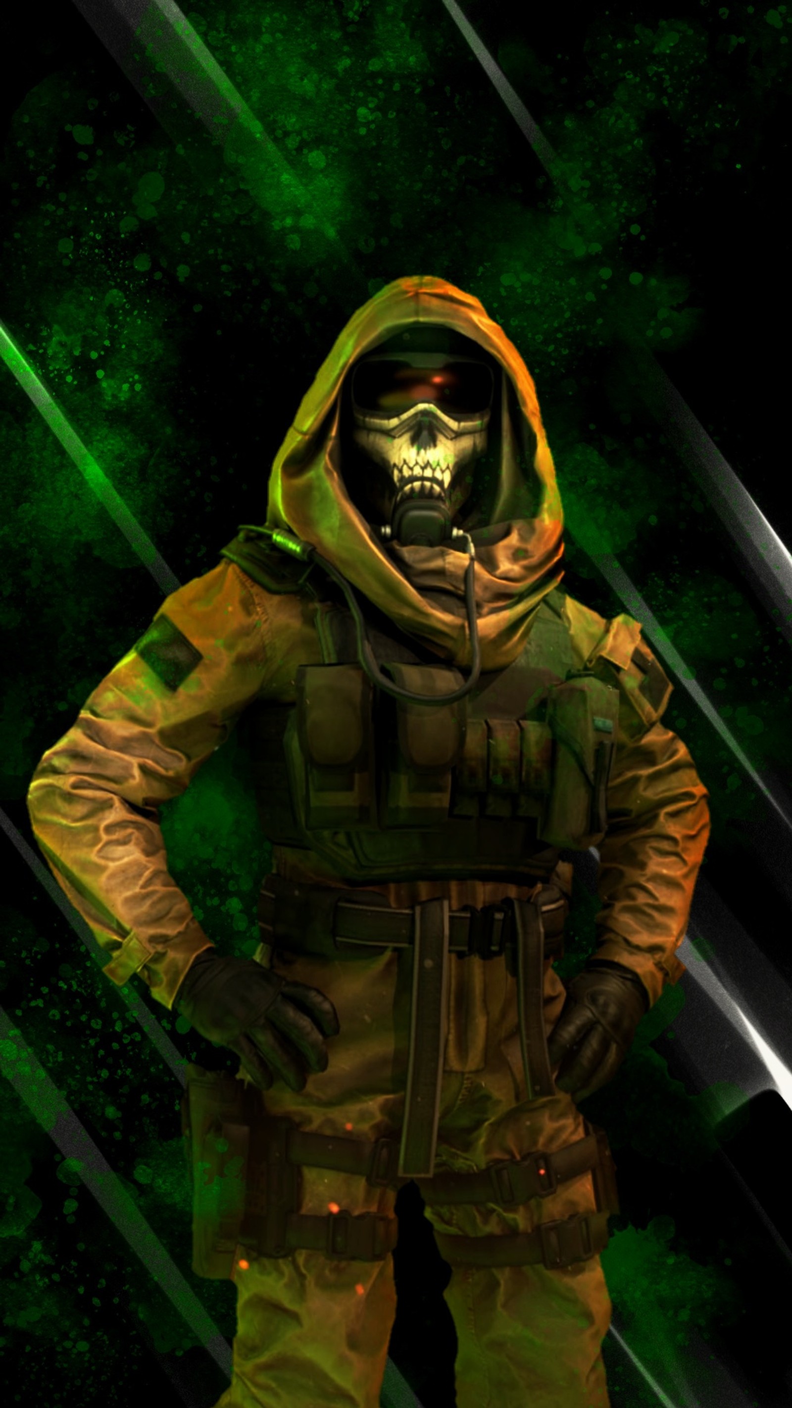 Hay un hombre con un traje verde y negro de pie con las manos en las caderas (activision, call of duty mobile, codm, gaming, tencent)