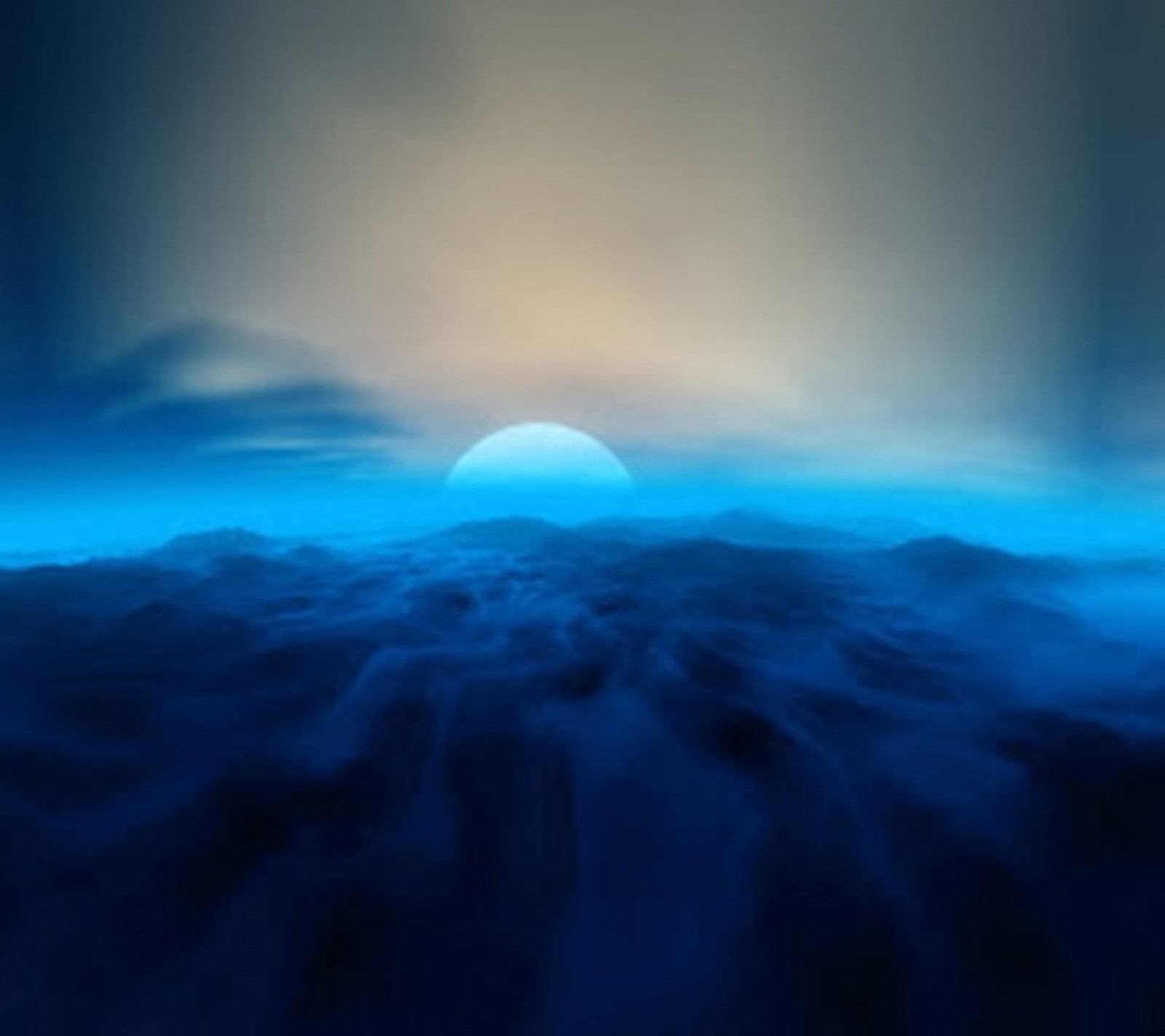 A close up of a blue sky with a sun in the distance (blue, moon, nature, night)