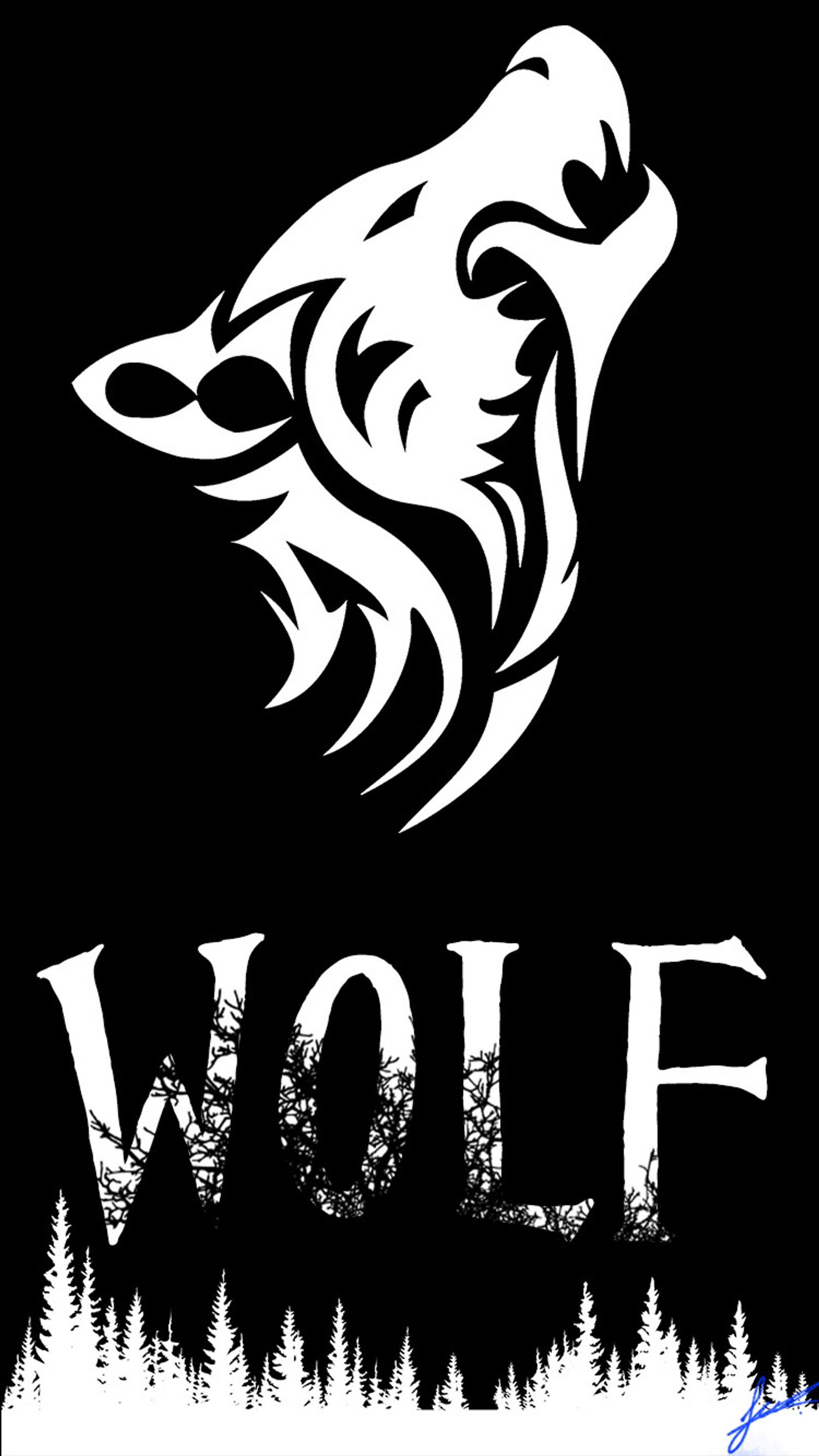 Wolf logo with trees and forest background (beyaz, black, scary, siyah, solid)