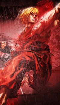 Dynamic action pose of a powerful fighter, showcasing intense energy and movement in a dramatic, rain-soaked environment.