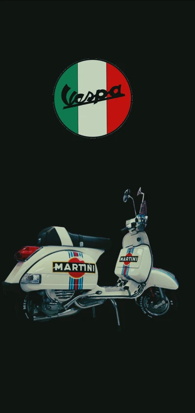 Vespa classique avec branding Martini sur un fond audacieux