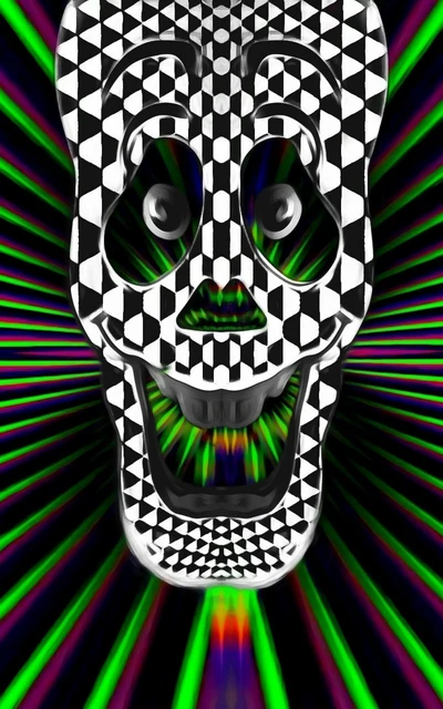 Vibrant Disco Skull with Green Laser Lines and Geometric Patterns