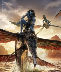 Jake Sully und Neytiri reiten auf Banshees in Avatar: Der Weg des Wassers