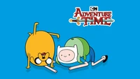 Finn and Jake from Adventure Time in a vibrant blue setting, showcasing their playful friendship.