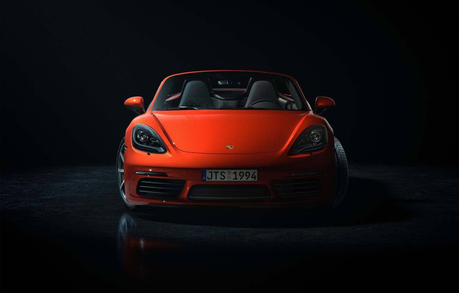 Крупный план красного спортивного автомобиля в темной комнате (porsche 718 boxster, тёмный фон, черный темный, машины, обои 4k)