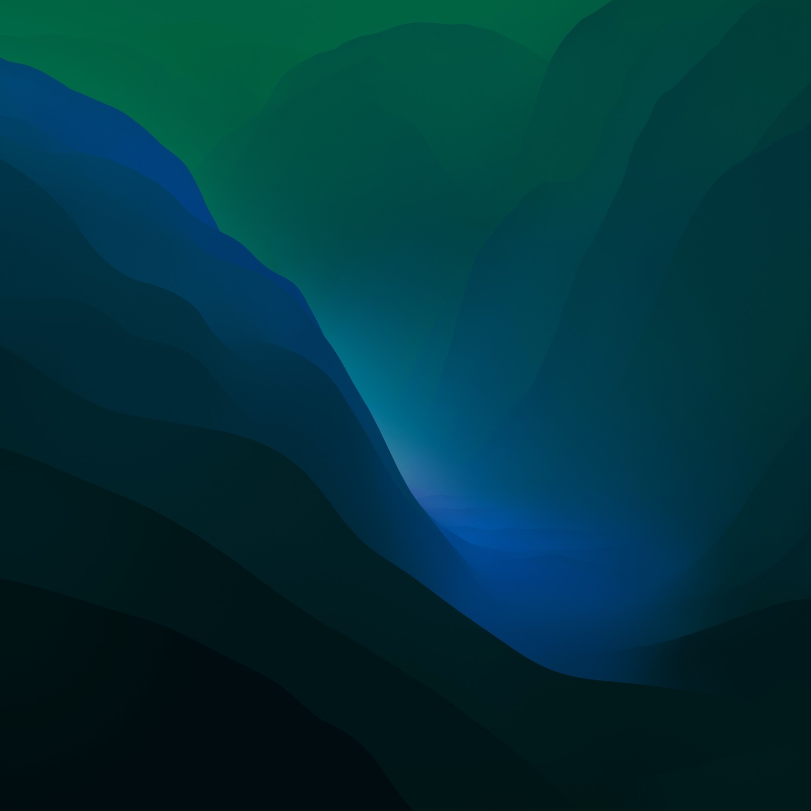 There is a green and blue background with a mountain range (macos monterey, green, stock, dark mode, layers)