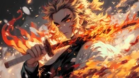 Kyojuro Rengoku empuñando una katana en medio de efectos de fuego dramáticos, encarnando el feroz espíritu de un Cazador de Demonios.