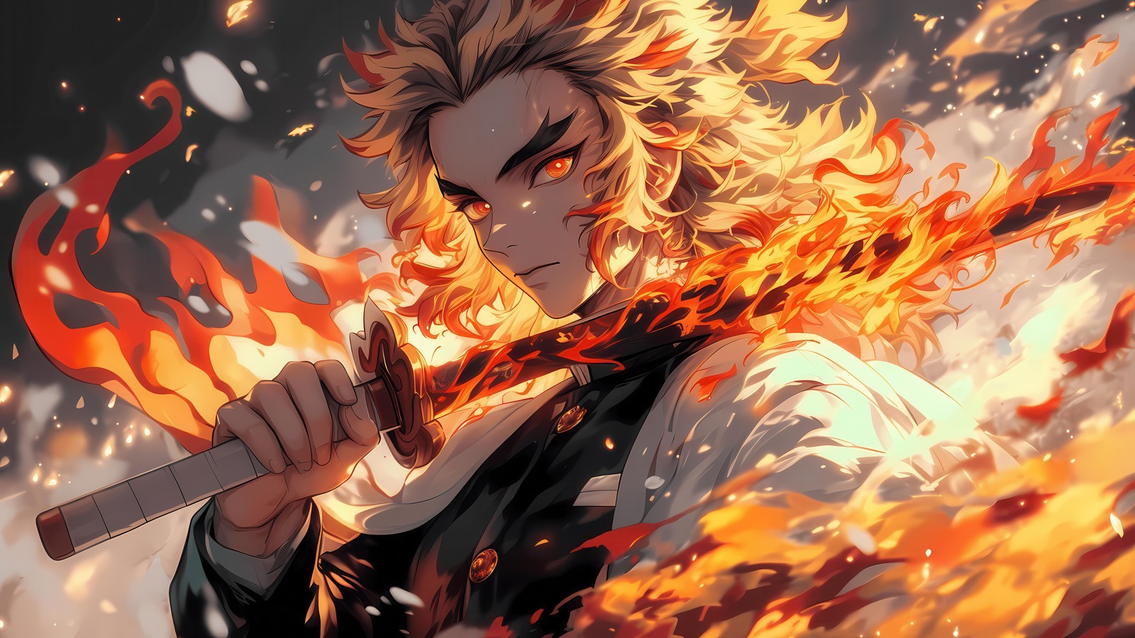 Anime, anime, chico anime, fuego, fuego, espada, fuego, espada, espada (kyojuro rengoku, espada, efecto de fuego, asesino de demonios kimetsu no yaiba, demon slayer kimetsu no yaiba)