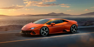 Lamborghini Huracán: Ein auffälliger Supersportwagen vor einer malerischen Sonnenuntergangskulisse