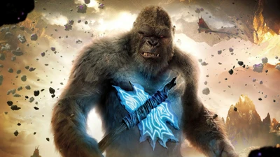 King Kong mit einer blau leuchtenden Axt in einer epischen Kampfszene