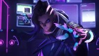 Sombra from Overwatch in a dynamic pose, showcasing her cybernetic enhancements amidst a high-tech backdrop.