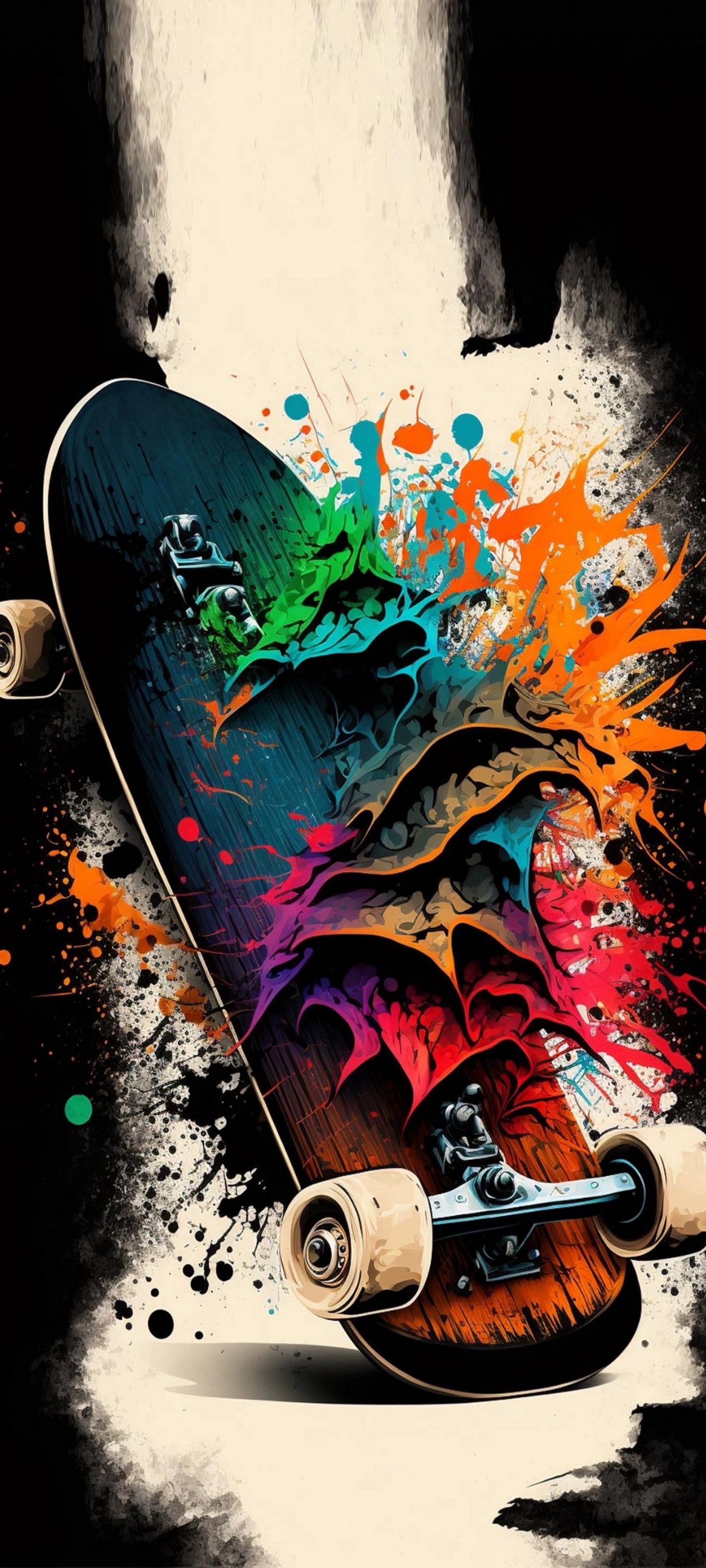 A close up of a skateboard with colorful paint splatters on it (skateboard, skateboarding, sports equipment, art, paint)