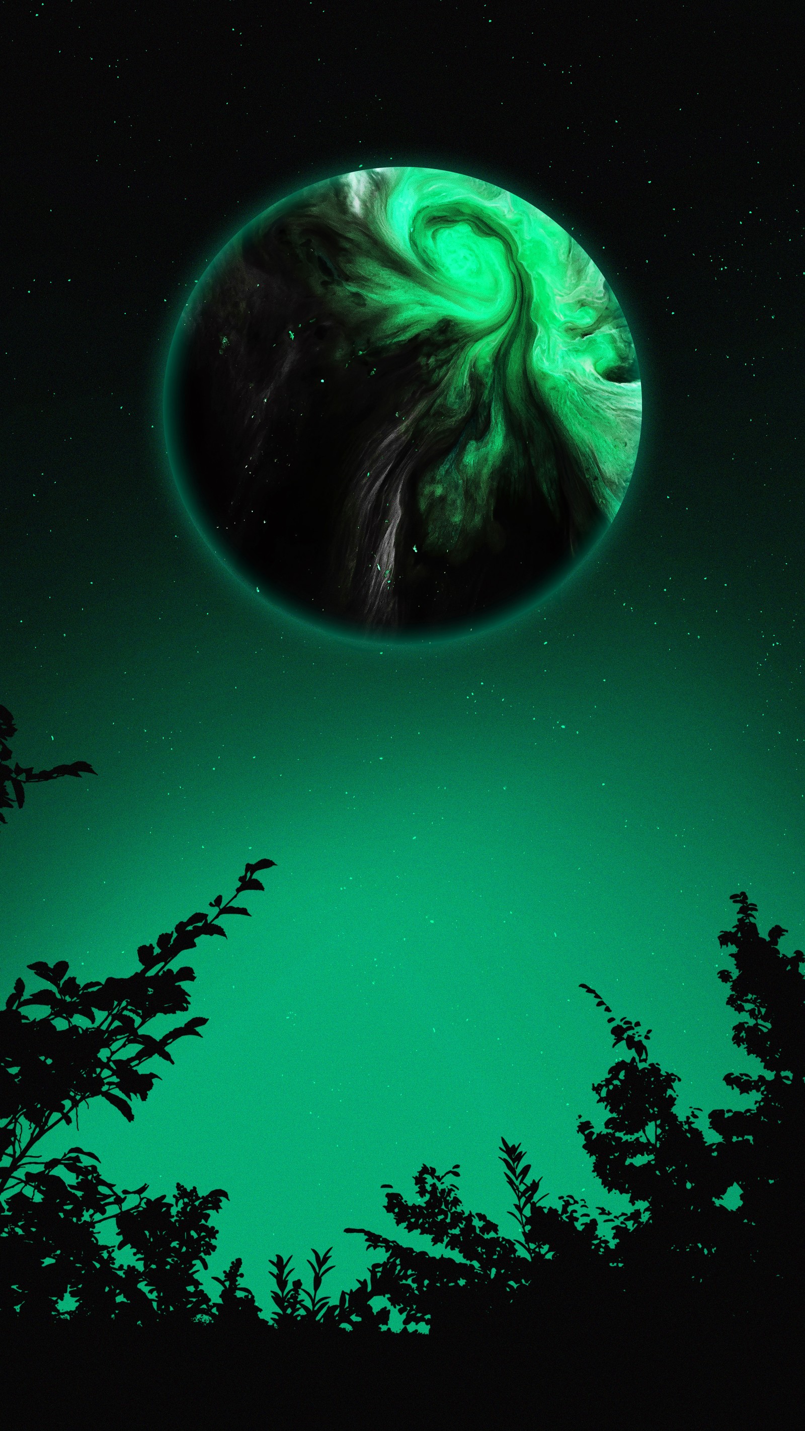 There is a green and black picture of a green planet (atmosphere, earth, art, fan art, green)