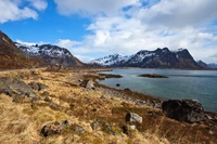 Fjord majestueux de Lofoten avec des montagnes enneigées et une côte de haute terre