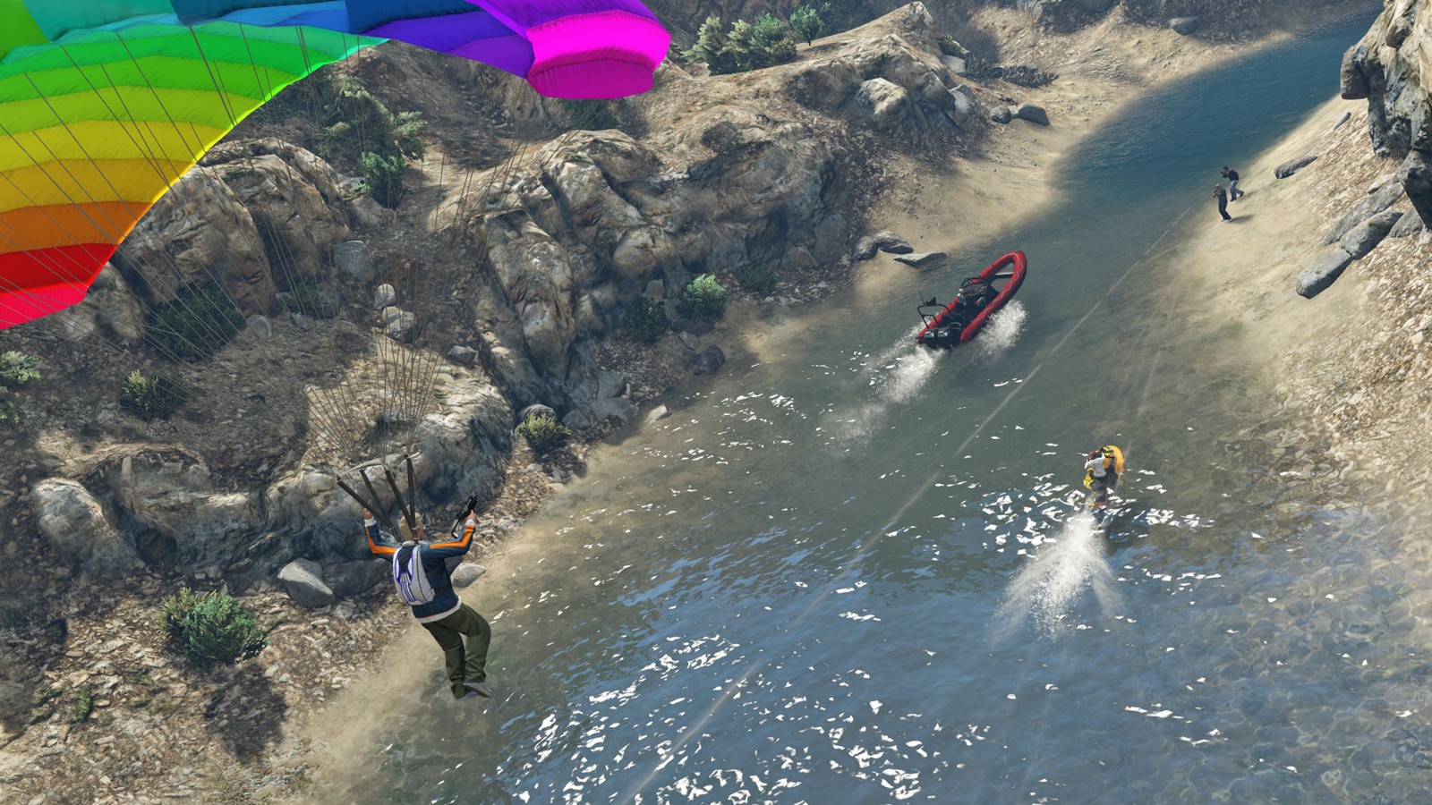 Parasailing árabe sobre um rio com um paraquedas de arco-íris (grand theft auto v, grand theft auto san andreas, grand theft auto iv, playstation 4, xbox one)