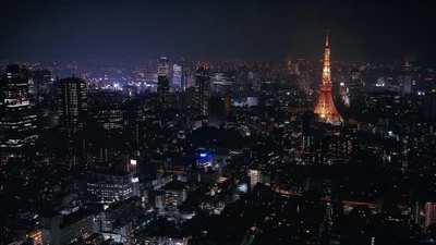 Ligne d'horizon nocturne de Tokyo : gratte-ciels illuminés et monument emblématique