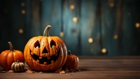 Festive Halloween Jack-o'-Lanterns Against a Rustic Background