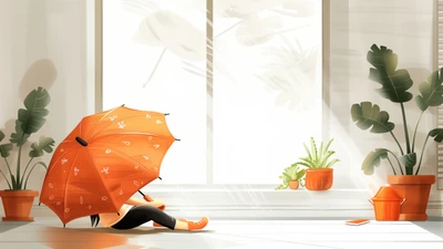 Spring Sunshine: A Girl with an Orange Umbrella by the Window