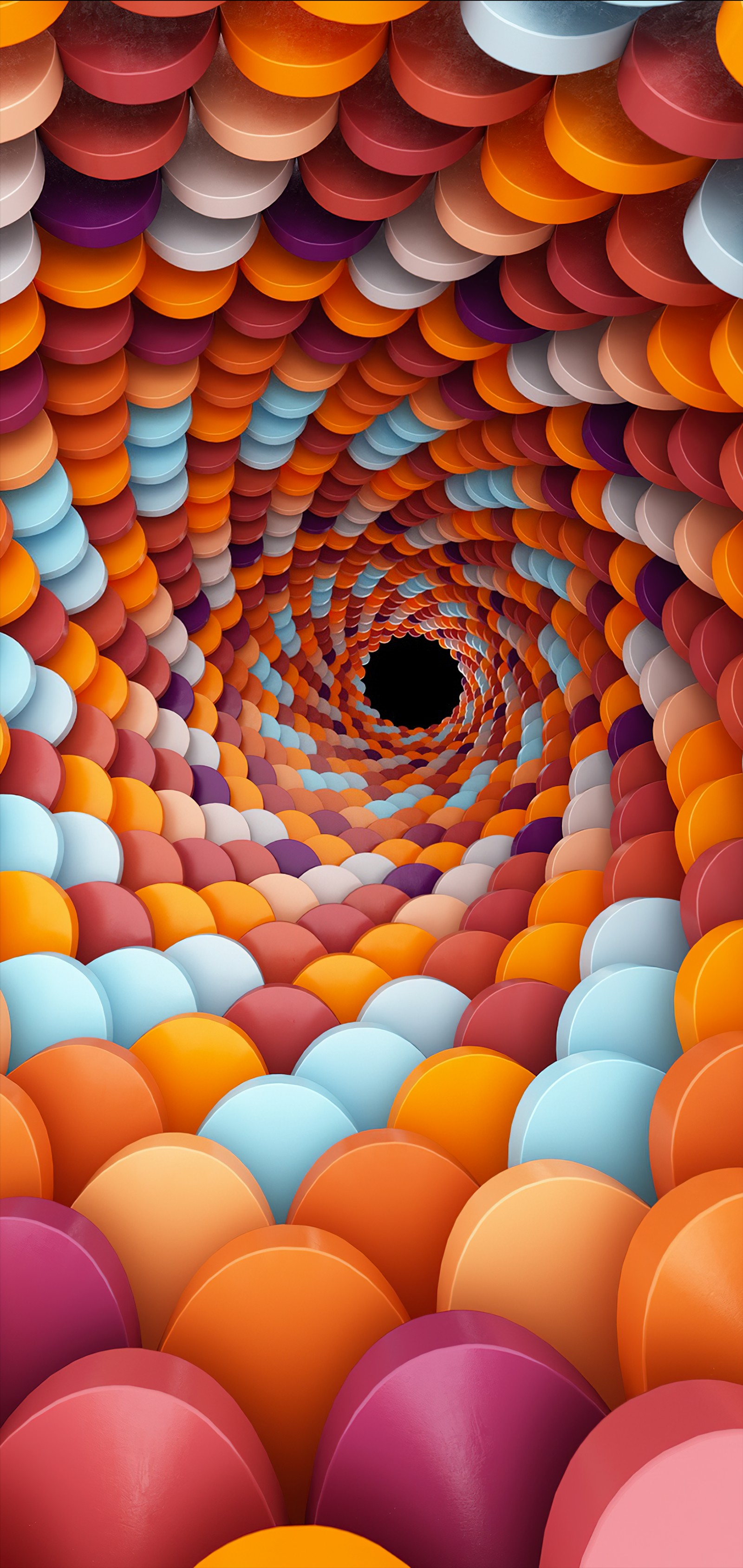 Un tunnel très coloré avec de nombreux cercles de différentes couleurs (orange, coloré, lumière, bleu, azur)