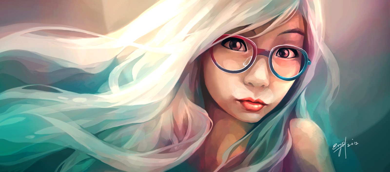 A close up of a woman with glasses and a long white hair (eyewear, painting, anime, digital illustration, digital art)