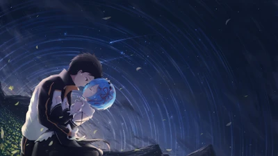 Un momento conmovedor entre Subaru Natsuki y Rem, contra un cielo estrellado, que encapsula profundas emociones y conexión en el mundo de "Re:Zero - Empezando una vida en otro mundo.