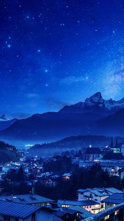 Serene Winter Night: Azure Mountains Under a Starry Sky