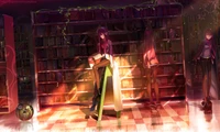 Kurisu Makise en un vibrante entorno de biblioteca, combinando elementos de actuación y aventura en una escena inspirada en el anime.