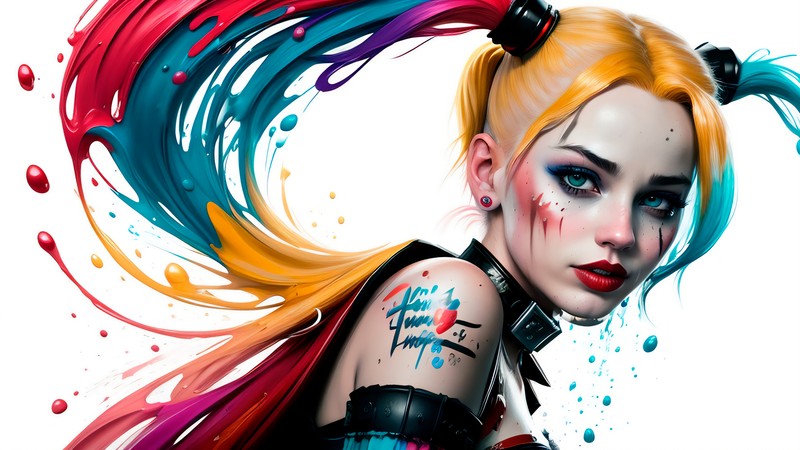 Крупный план женщины с цветными волосами и макияжем (harley quinn, комиксы)