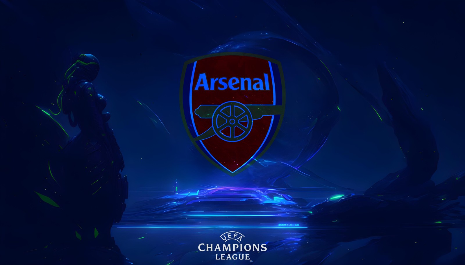 Le logo de la ligue des champions (arsenal fc, ligue des champions de luefa, fond néon, esthétique bleue, logo néon)