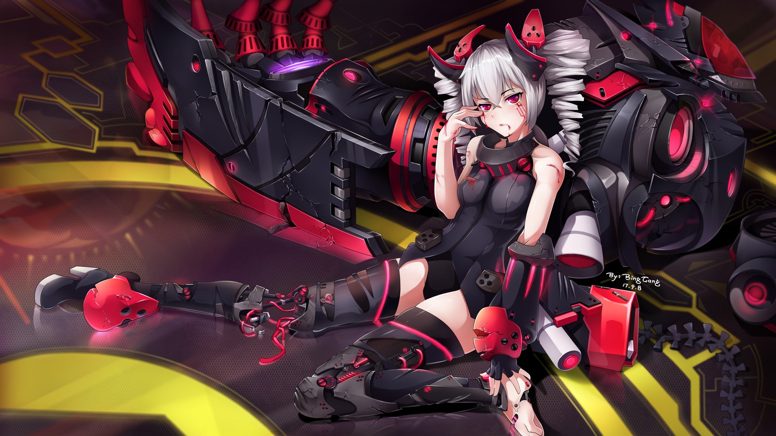 Une femme en robe noire assise sur une moto avec des accents rouges (filles danime, anime, cheveux blancs, bronya zaychik, honkai impact 3rd)