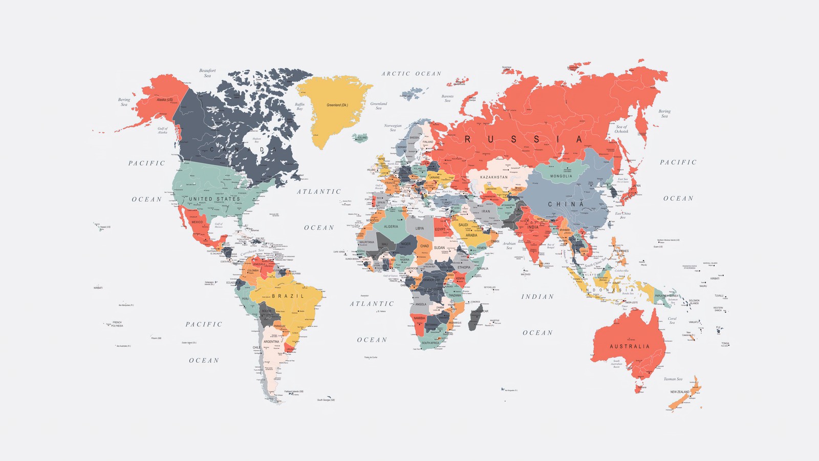 Un mapa del mundo con países y sus nombres (pastel, mapa mundial, colorido, mundo, fondo de pantalla 4k)