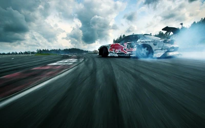 Mazda RX-7 дрифт на автодроме с ливреей Red Bull.