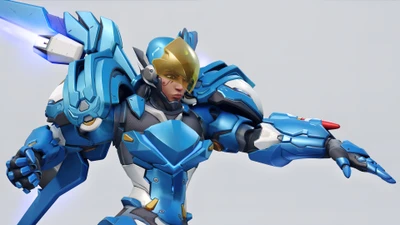 Pharah em uma armadura azul futurista de Overwatch 2