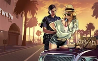 Крутая девушка в солнечных очках с полицейским на закате в Grand Theft Auto V