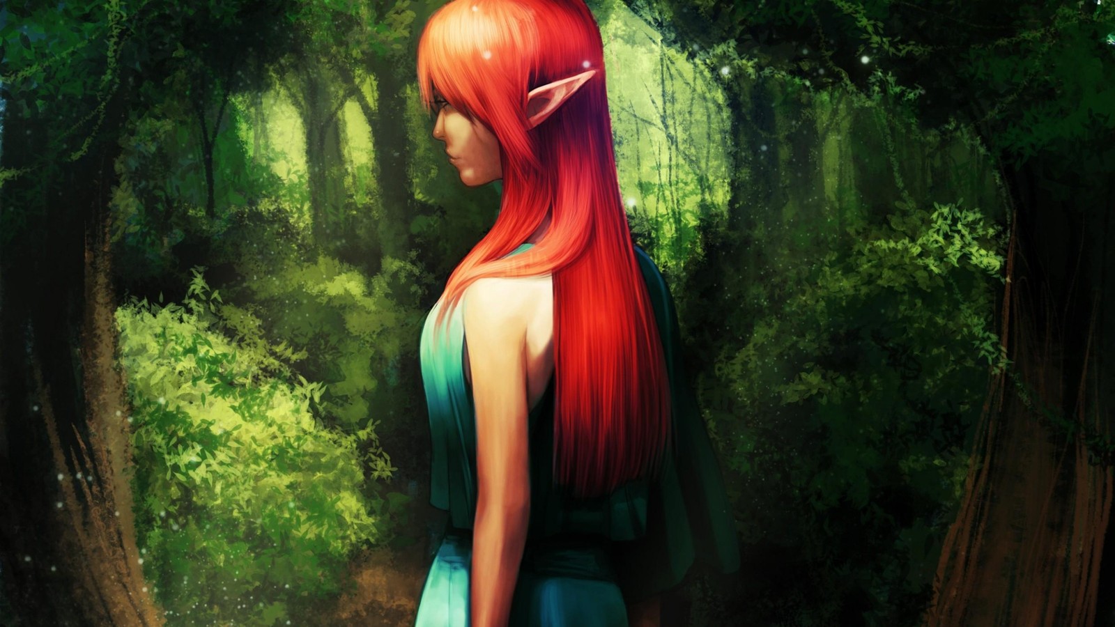 A close up of a woman with red hair and a green dress (elf, forest, long hair, tree, green)