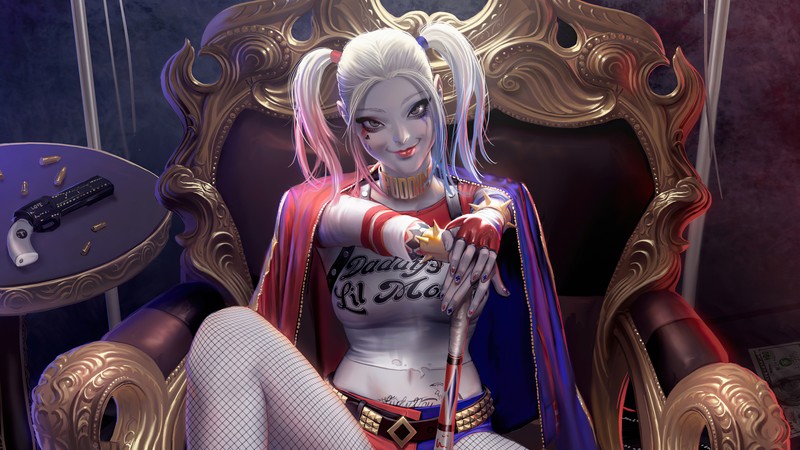 Крупный план женщины, сидящей на стуле с оружием (harley quinn, антигерой, dc comics, комиксы)