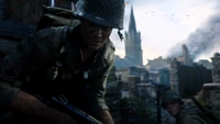 Momento intenso de batalha em Call of Duty WWII: Soldados em ação