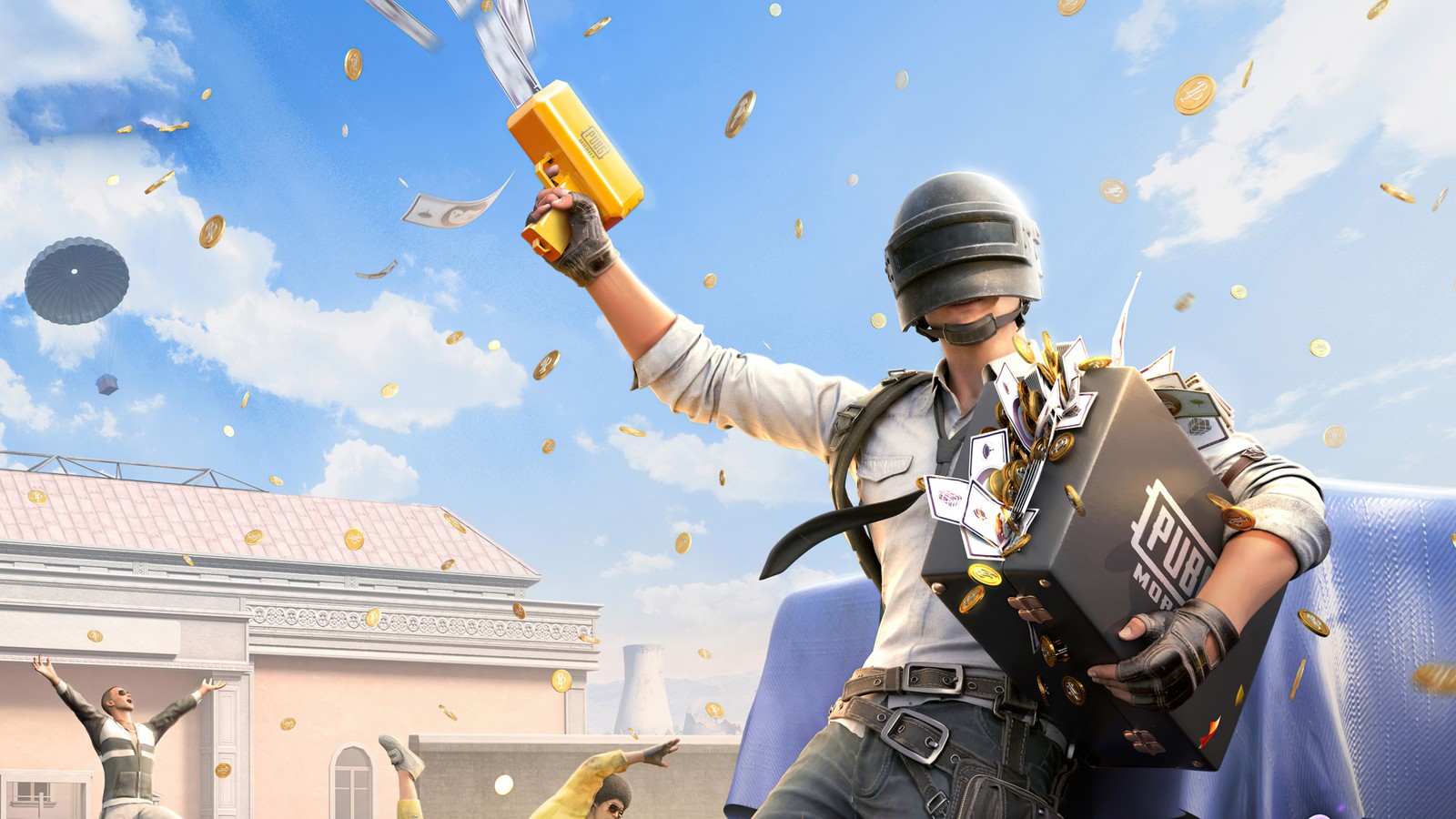 Um homem de capacete e óculos segurando uma arma e uma caixa (playerunknowns battlegrounds, pubg mobile, 5k, jogos, papel de parede 4k)