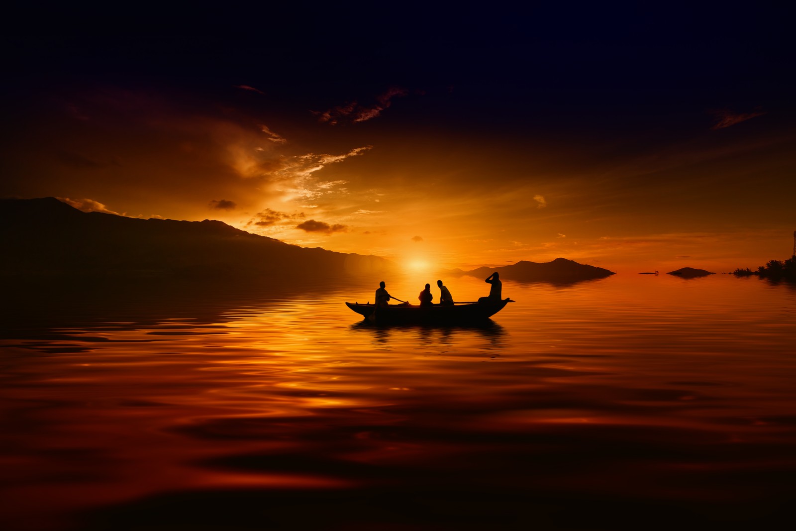 sunset, boat, silhouette, dusk, 5k wallpaper