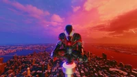 Miles Morales está empoleirado heroicamente no topo de uma paisagem urbana ao pôr do sol, incorporando a essência de um super-herói em seu traje elegante do jogo PS5.