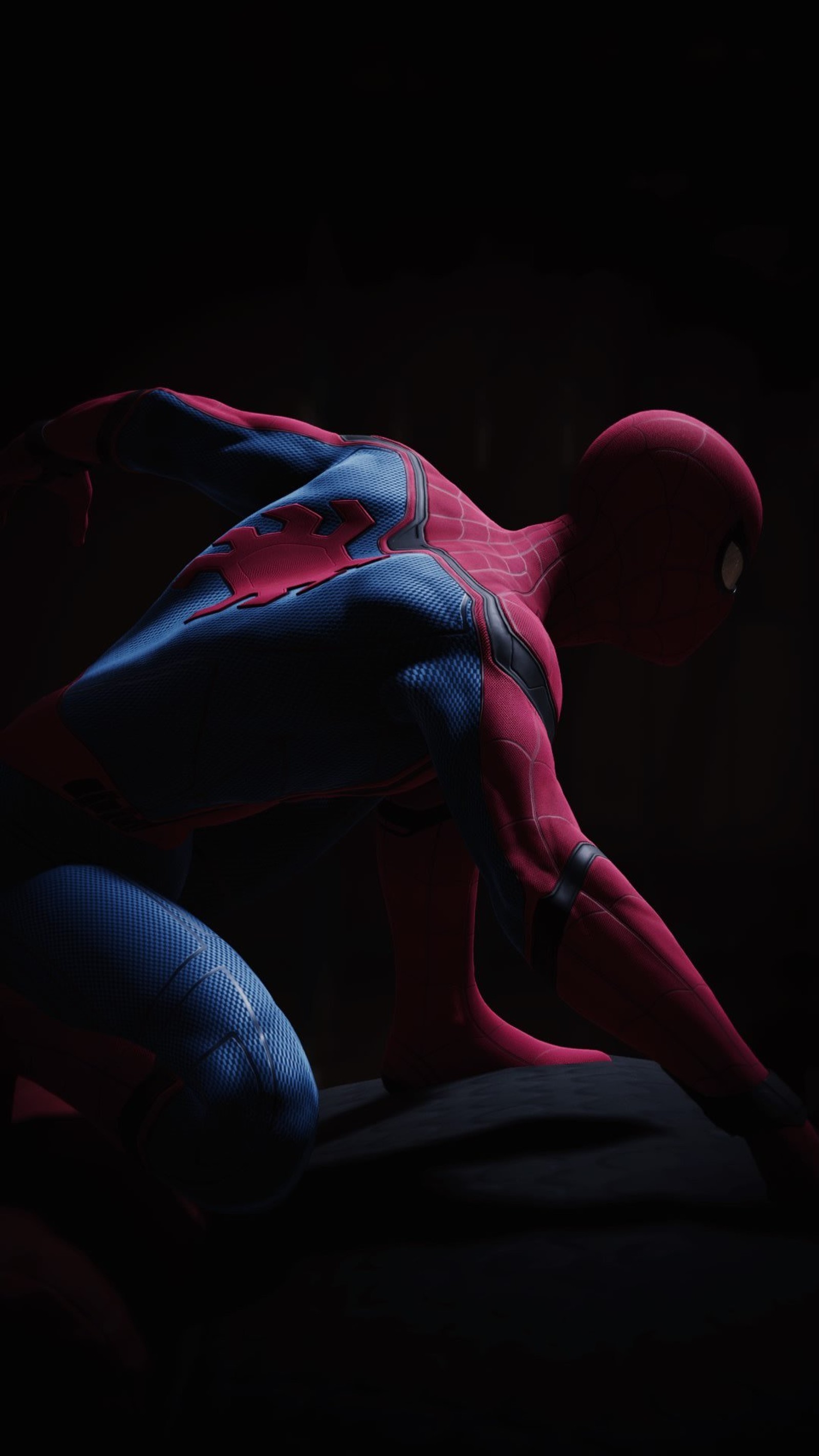 Spider-man dans un costume bleu se penche dans l'obscurité (spider man, spider man ps4, spiderman ps4, jeux vidéo, playstation)