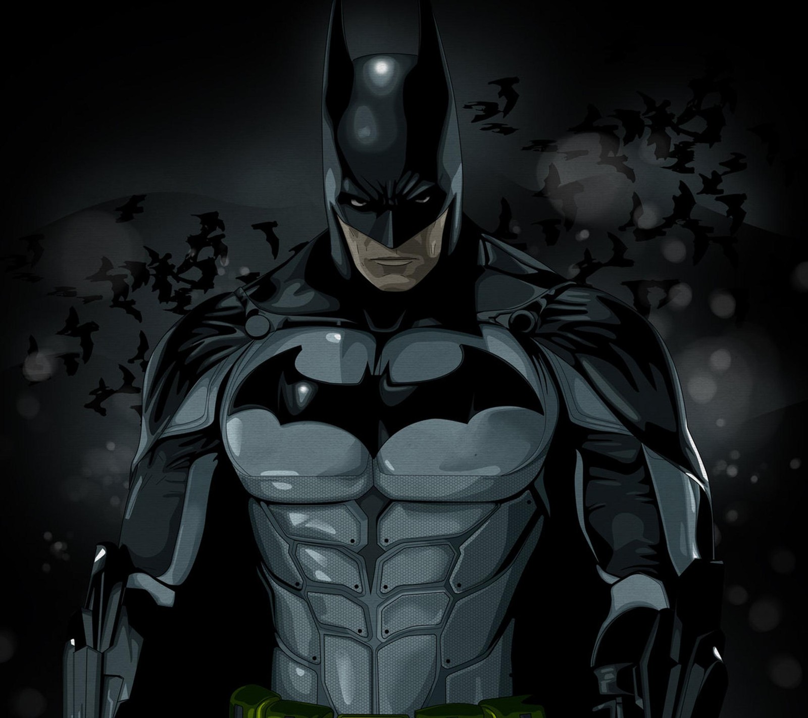 Batman standing in front of a dark background with bats (cartoon, comics, dc, drawn, hollywood)