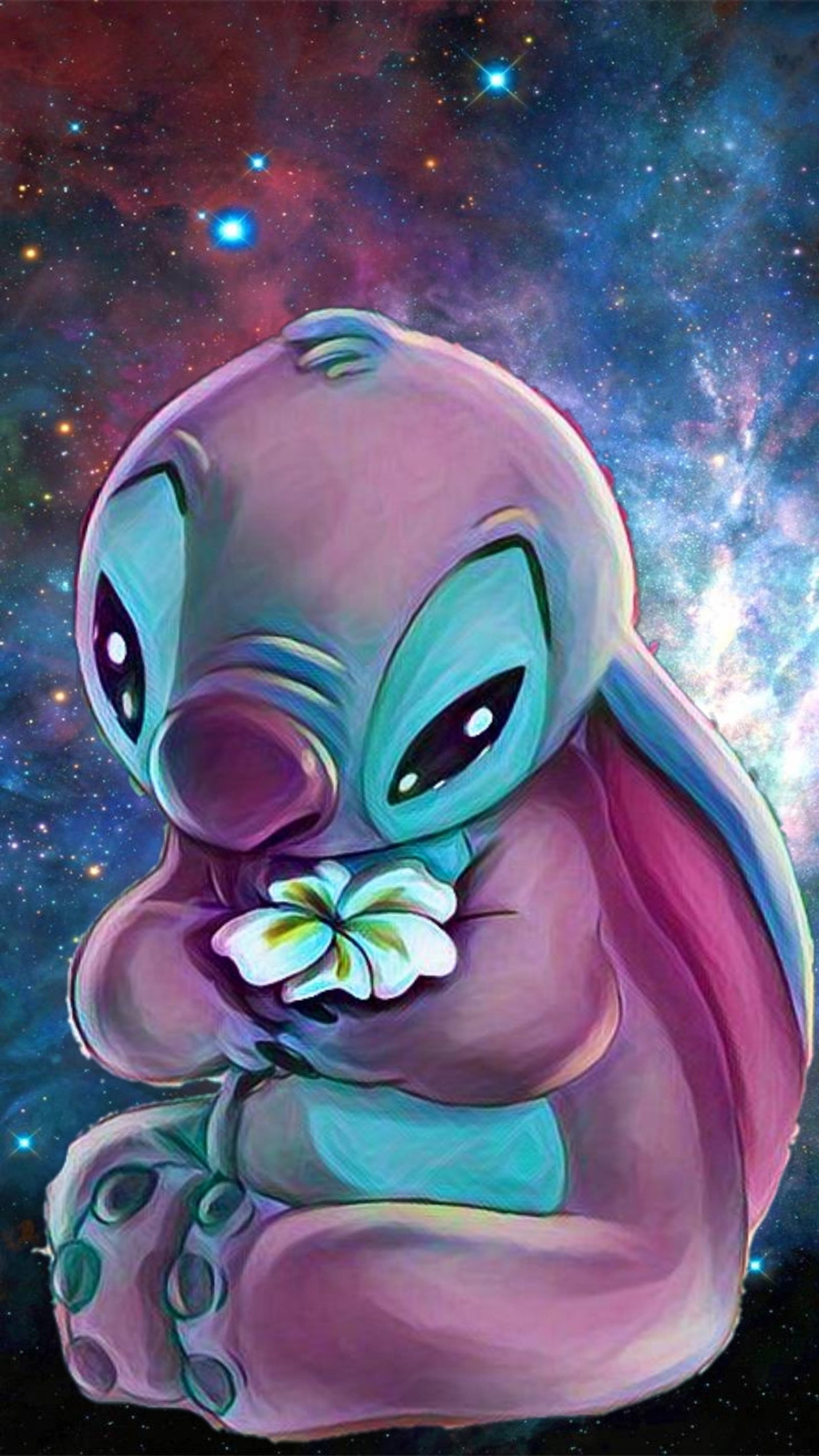 Una pintura de un personaje de caricatura sosteniendo una flor en su mano (sad lilo, puntada)