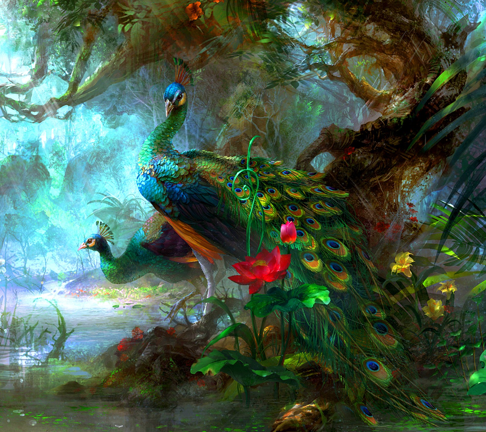 Painting of a peacock in a forest with a pond and flowers (birds, peacock)