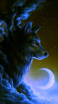 Majestic Wolf Against a Starry Night Sky with a Crescent Moon