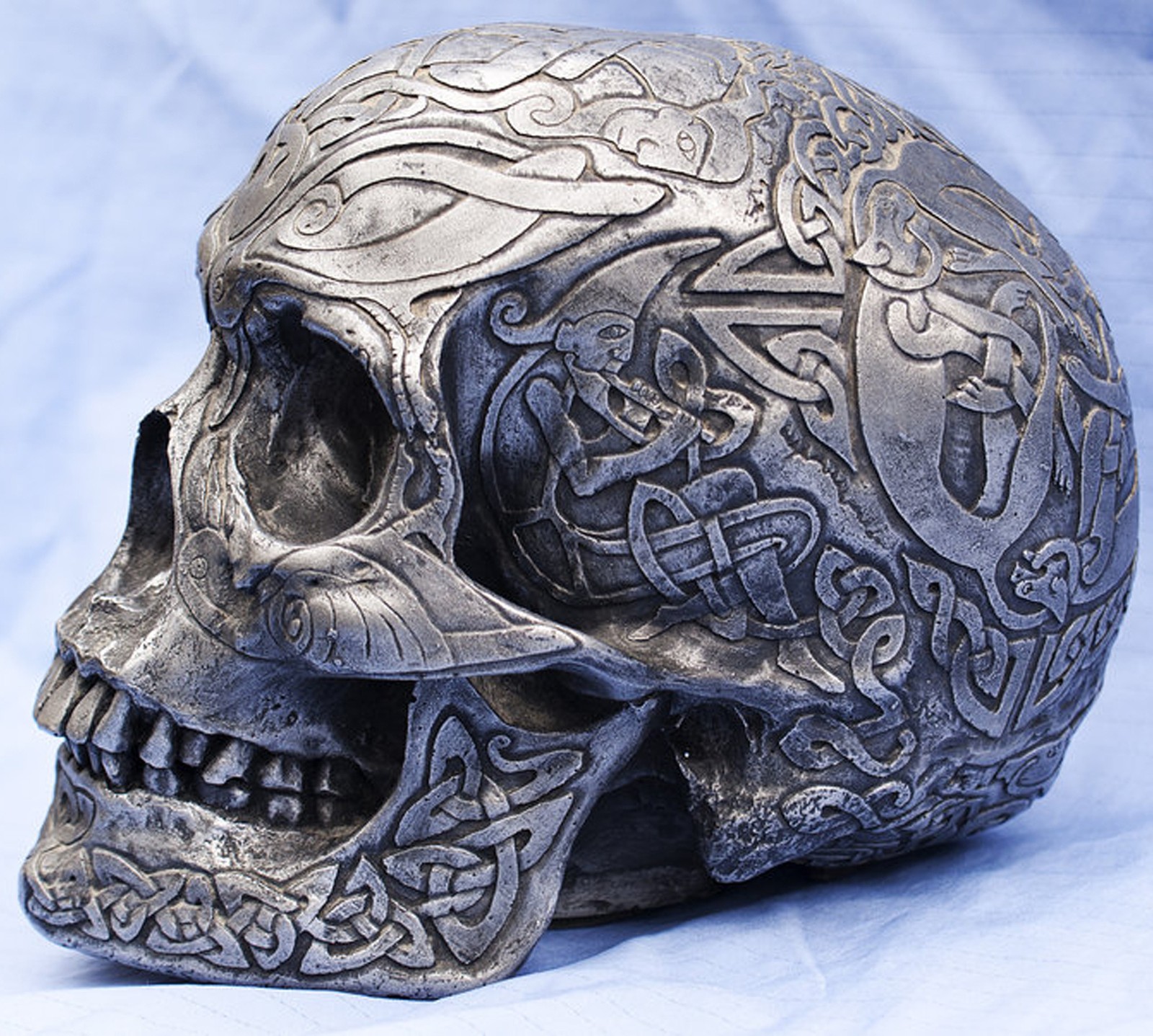 A close up of a skull with a celtic design on it (celtic, design, skull)