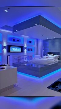 Habitación de lujo con iluminación ambiental azul