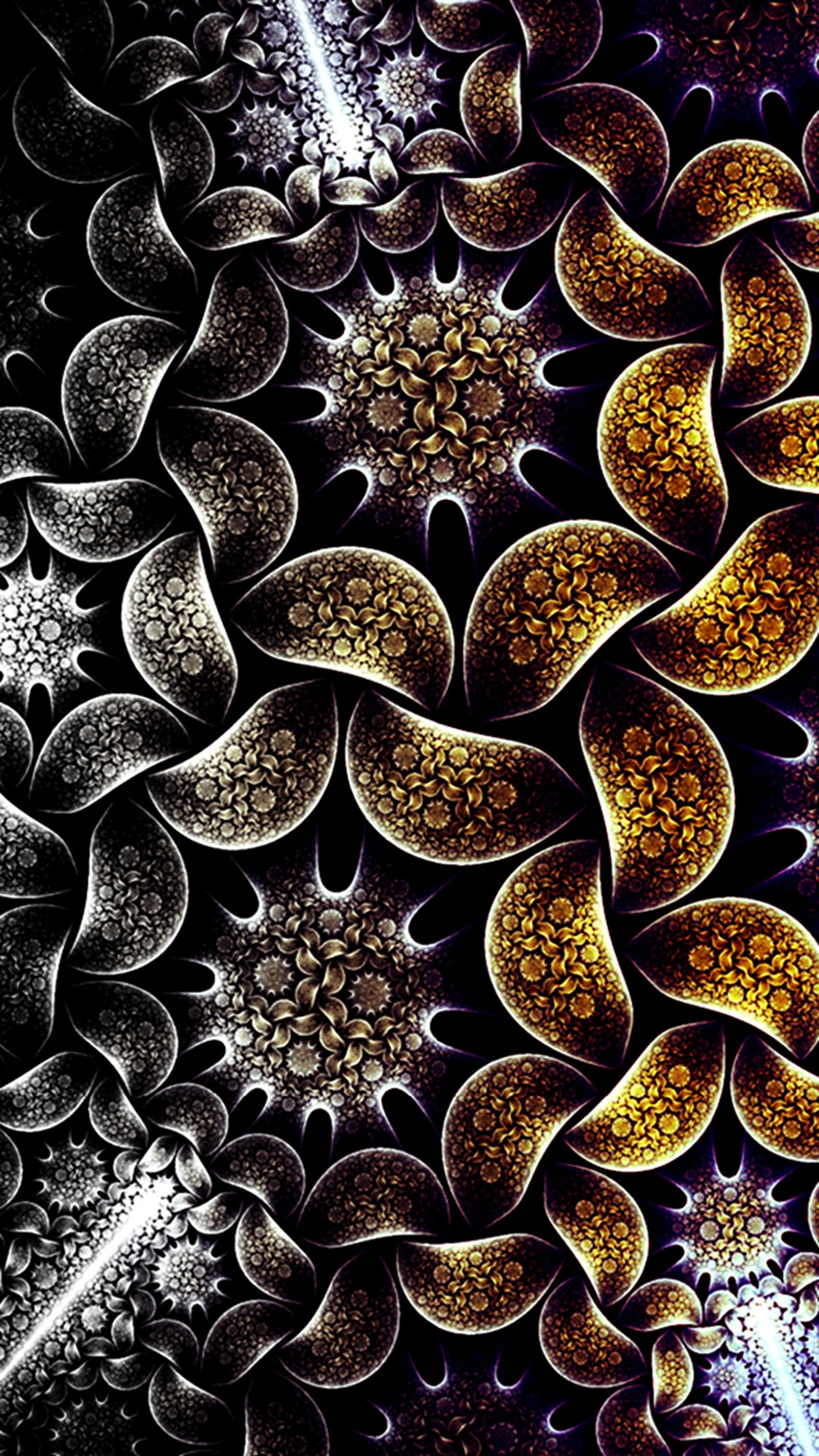 A close up of a computer generated image of a flower (abstract, gold)